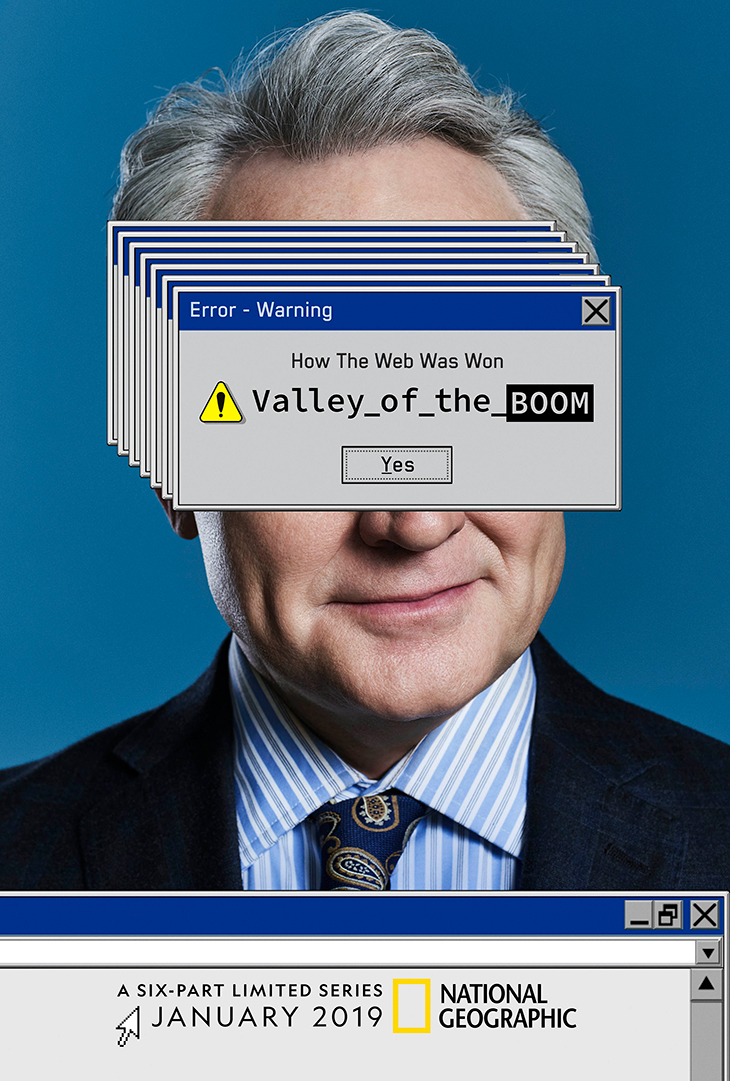 Key art for 'Valley of the Boom' featuring the partially obscured face of star Bradley Whitford