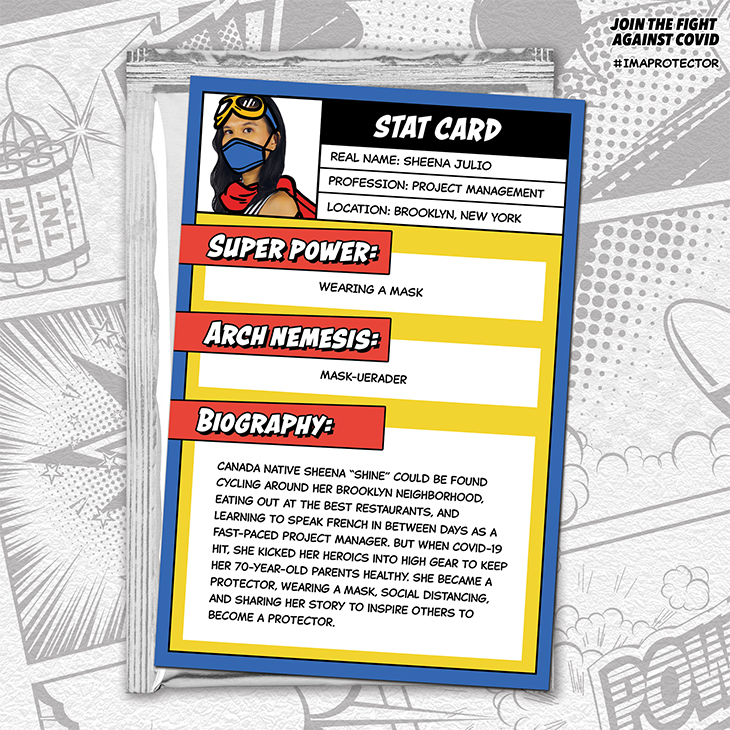 Civic employee shares her story on a comic-book style trading card.