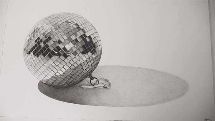 Claire Salvo's rendition of a disco ball in pencil.