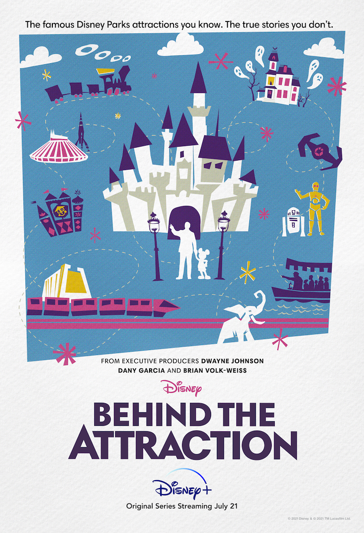 Key art for Disney Plus' new 10-part series, 'Behind the Attractions,' executive produced by Dwayne Johnson.