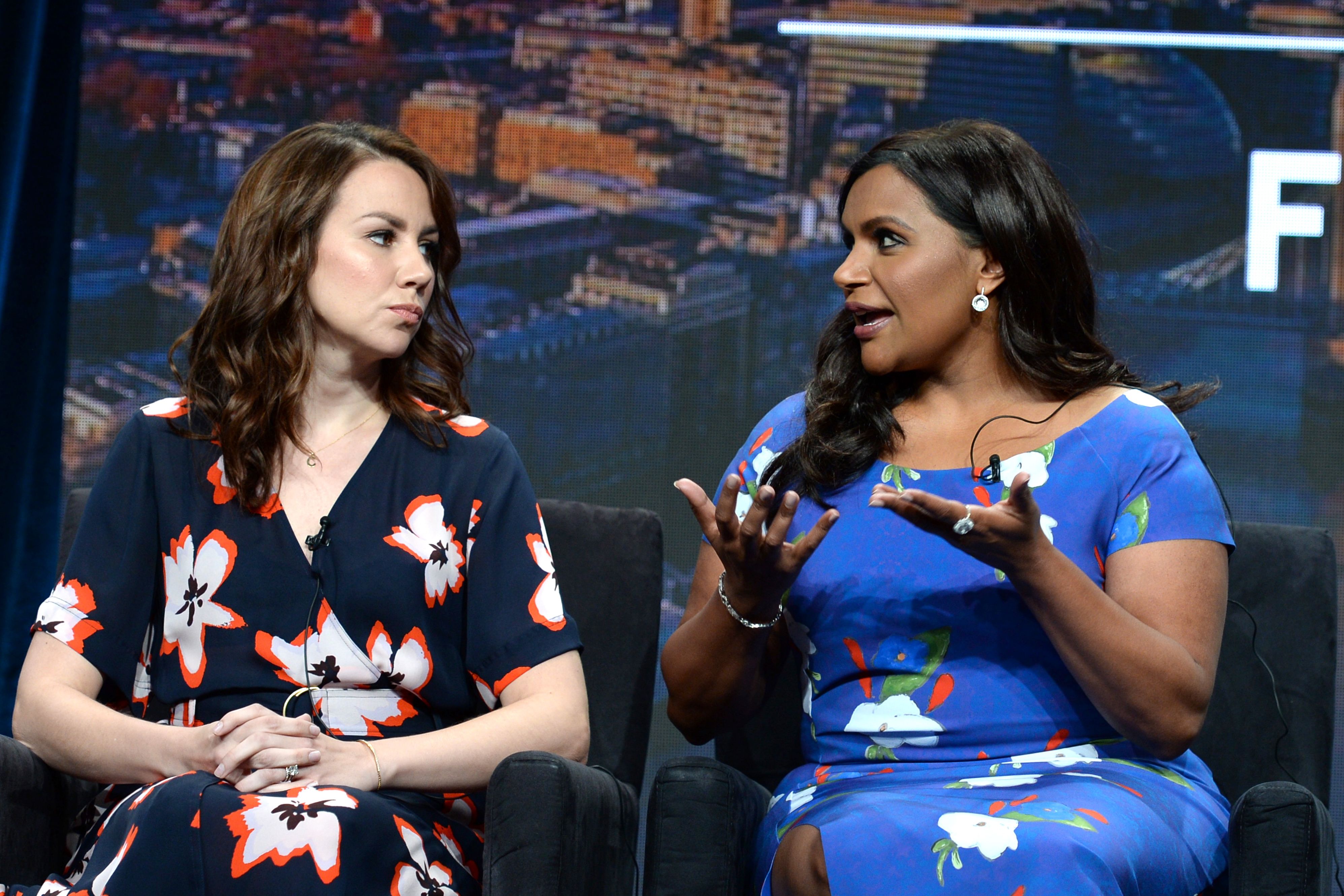 Tracey Wigfield and Mindy Kaling speak onstage during the Hulu 2019 Summer TCA Press Tour at The Beverly Hilton Hotel on July 26, 2019 in Beverly Hills, California. [Andrew Toth/Getty Images for Hulu)