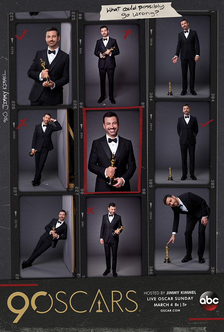 ABC Television and The Academy of Motion Picture Arts and Sciences released a first look at the 90th Oscars official key art featuring host Jimmy Kimmel. [Credit: ABC] ABC Television and The Academy of Motion Picture Arts and Sciences released a first look at the 90th Oscars official key art featuring host Jimmy Kimmel. [Credit: ABC] 