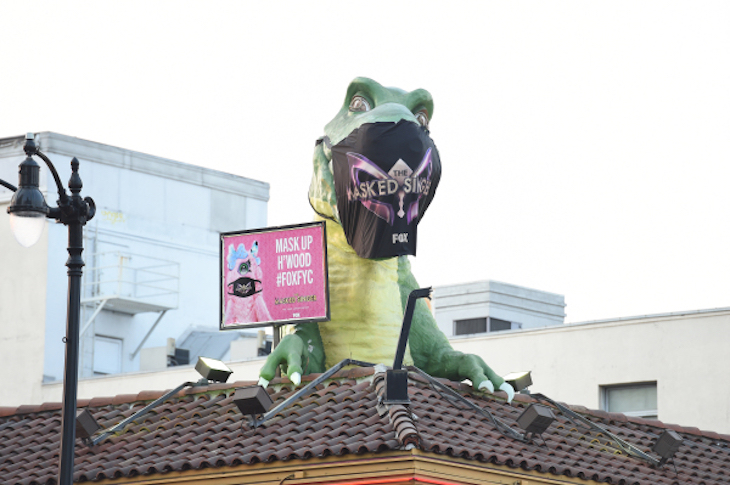 Masked dinosaur atop Ripley's Believe It or Not in Hollywood